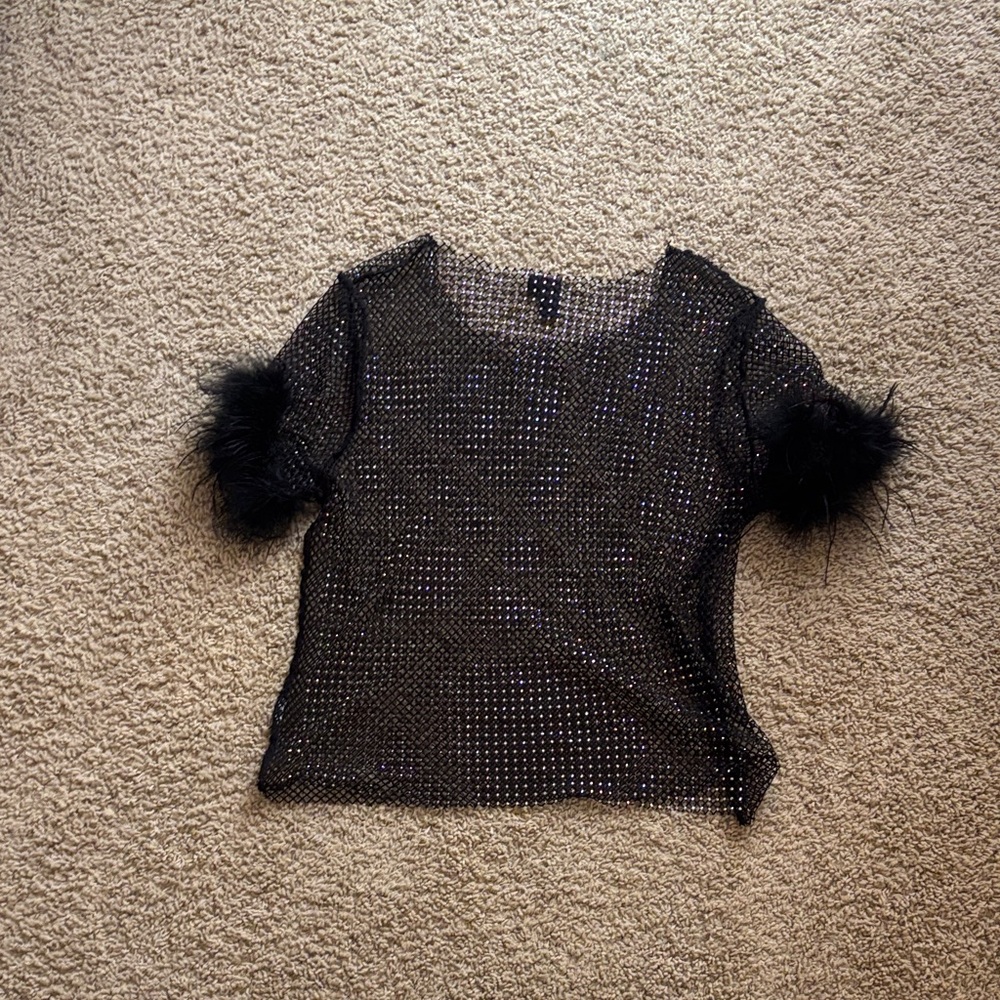 Windsor Black Sequin Mesh Short Sleeve Top with Feather Cuffs